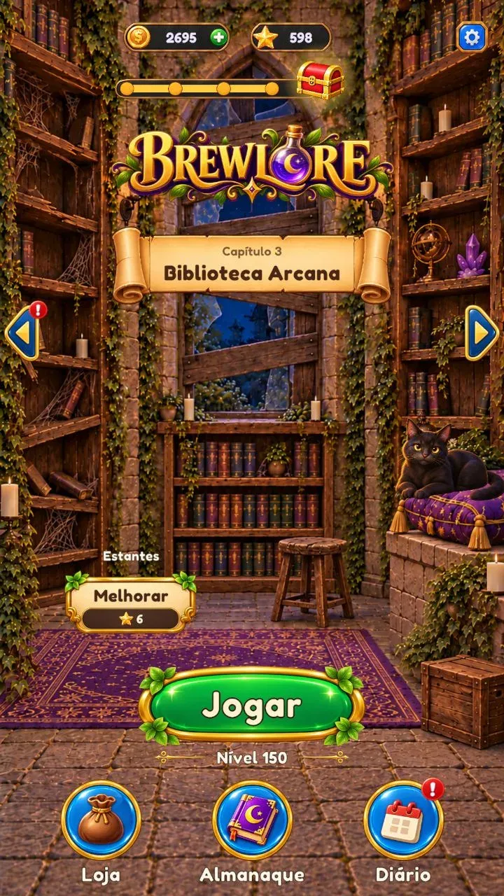 Arcane Library, with bookshelves, crystals and the alchemy workbench.