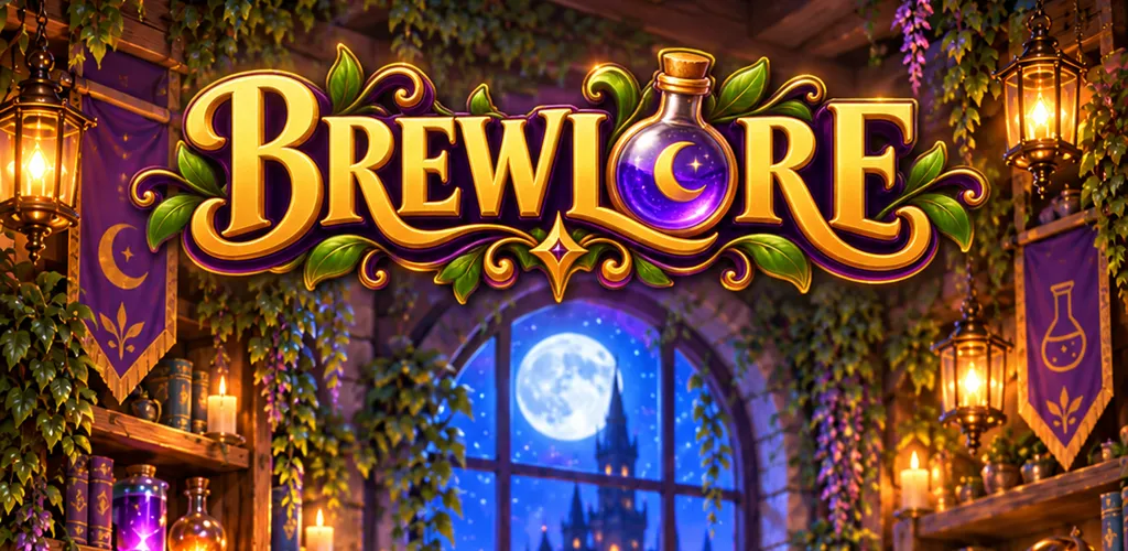 BREWLORE: a lantern-lit alchemy workshop with purple potions and a window overlooking the moon.