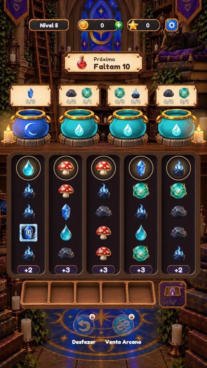 BREWLORE puzzle: four cauldrons with recipes and columns of ingredients on the workbench.